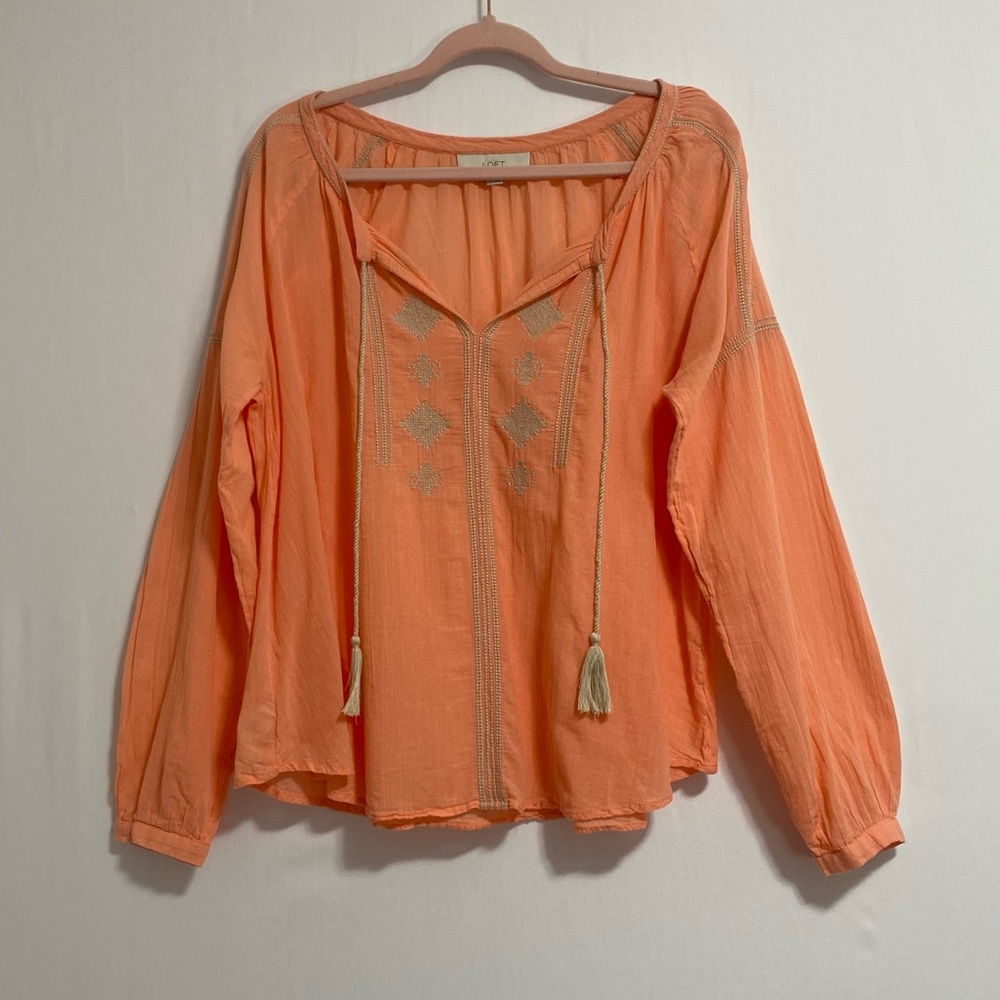 LOFT Coral Orange Embroidered Peasant Tunic
